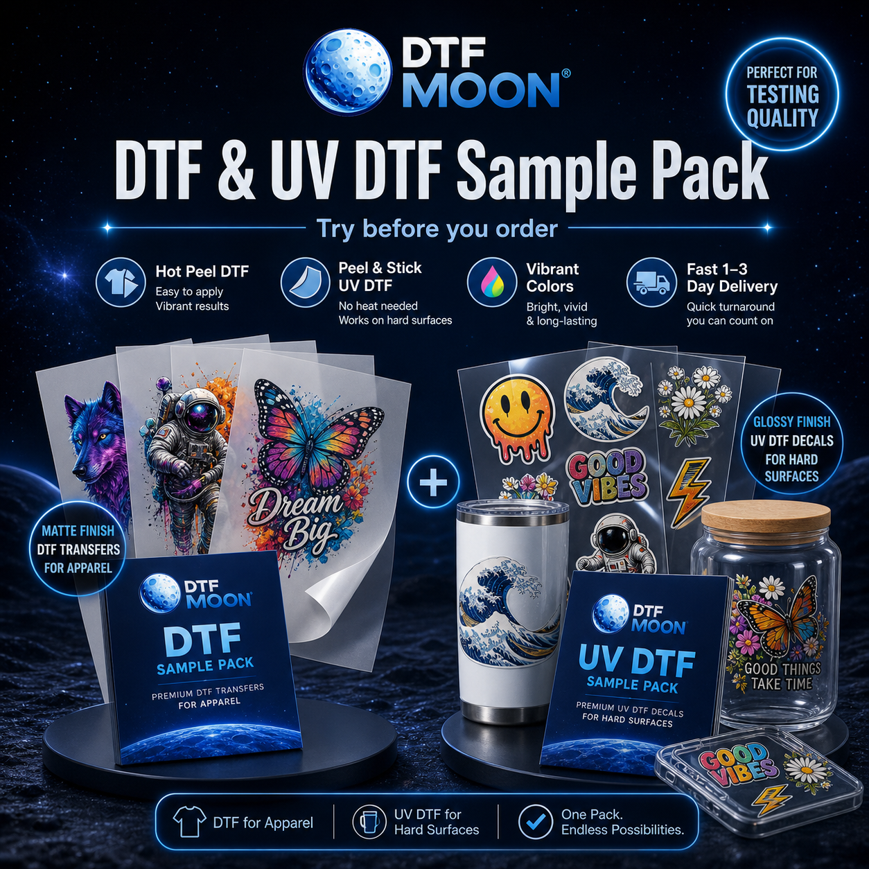 DTF Transfers & UV DTF 3D Stickers Sample Pack